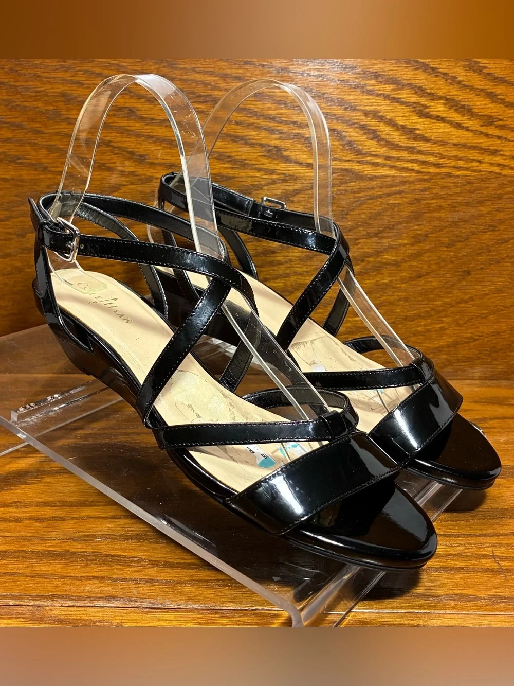 Cole Haan Black Patent Leather Strappy Wedge Sandals Size 6